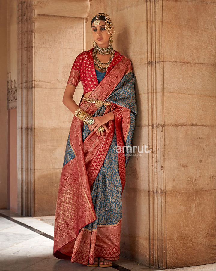 Gray-Blue and Reddish-Maroon Gold-Toned Ethnic Motifs Design Zari Silk Saree with Unstitched Blouse 01