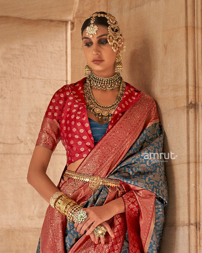 Gray-Blue and Reddish-Maroon Gold-Toned Ethnic Motifs Design Zari Silk Saree with Unstitched Blouse 02