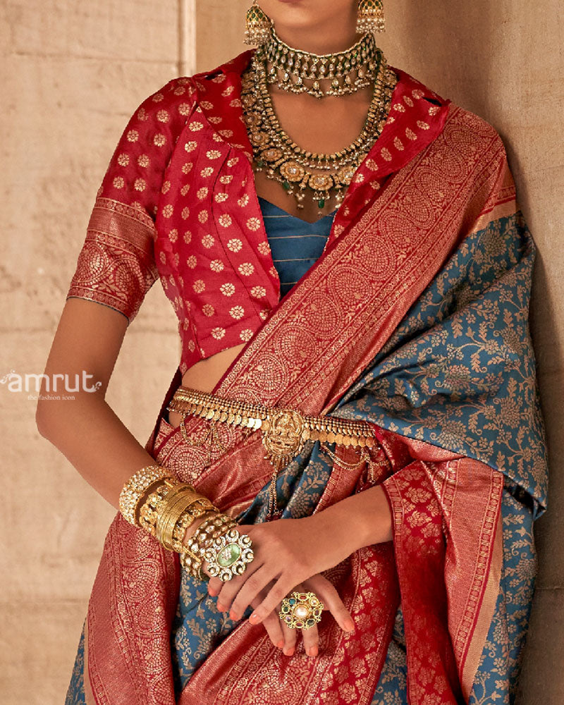 Gray-Blue and Reddish-Maroon Gold-Toned Ethnic Motifs Design Zari Silk Saree with Unstitched Blouse 03