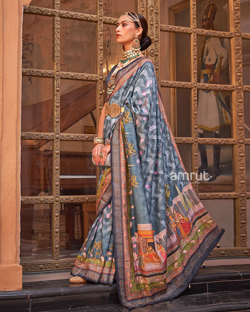 Gray Digital Print Embellished Saree with Unstitched Blouse and Belt 01