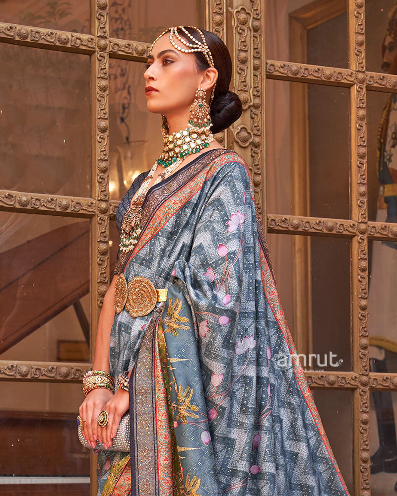 Gray Digital Print Embellished Saree with Unstitched Blouse and Belt 02