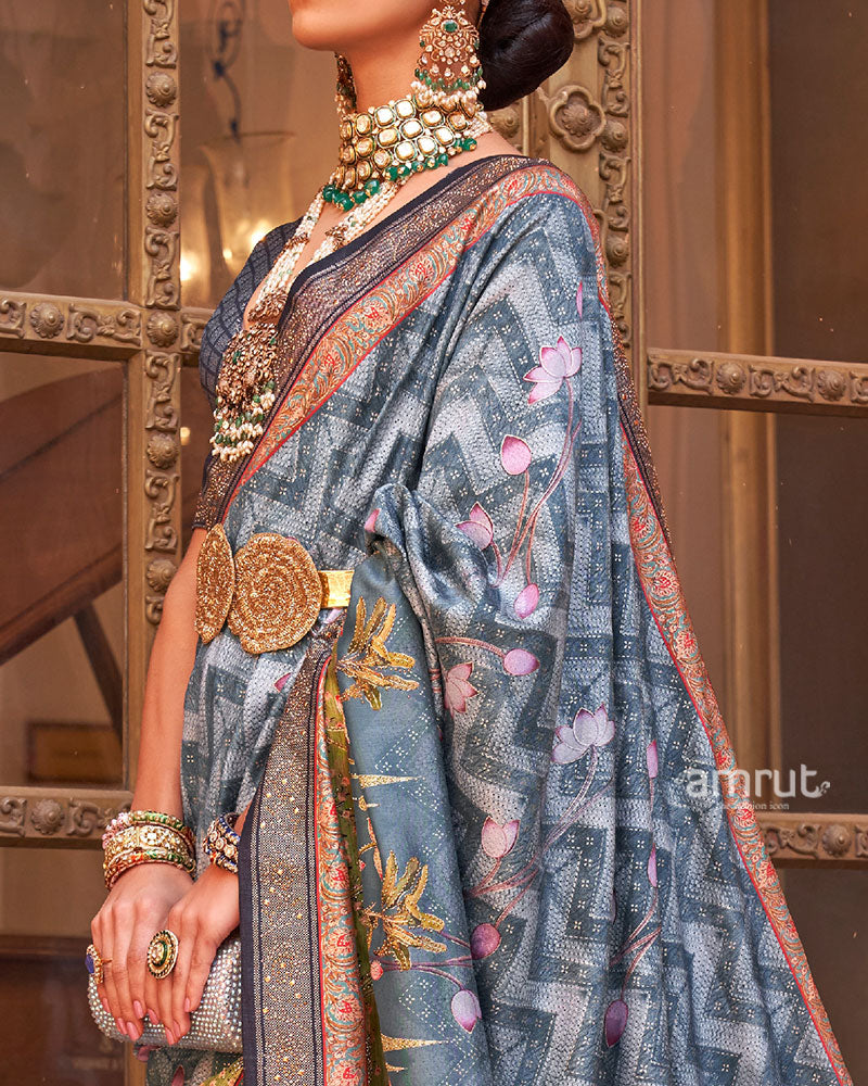 Gray Digital Print Embellished Saree with Unstitched Blouse and Belt 03