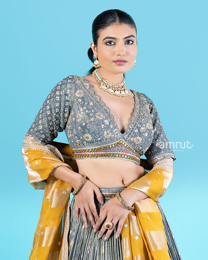Gray Pleated Lehenga and Embroidered Choli with Mustard Yellow Dupatta 02