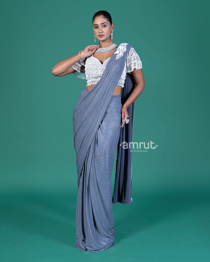 Gray Ready-to-Wear Saree with Beaded Embellished Blouse 01
