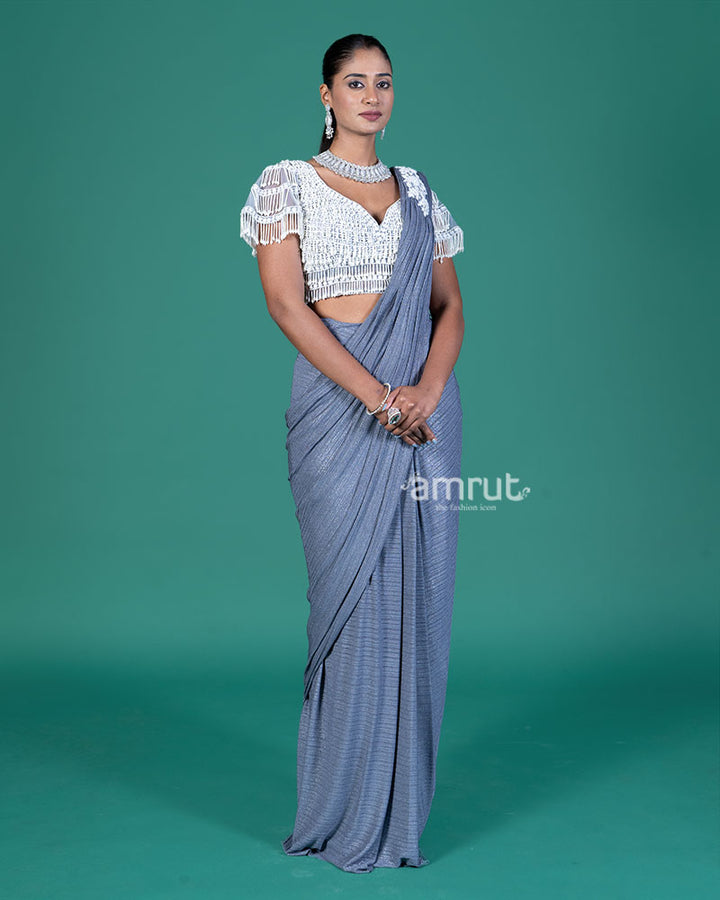 Gray Ready-to-Wear Saree with Beaded Embellished Blouse 04