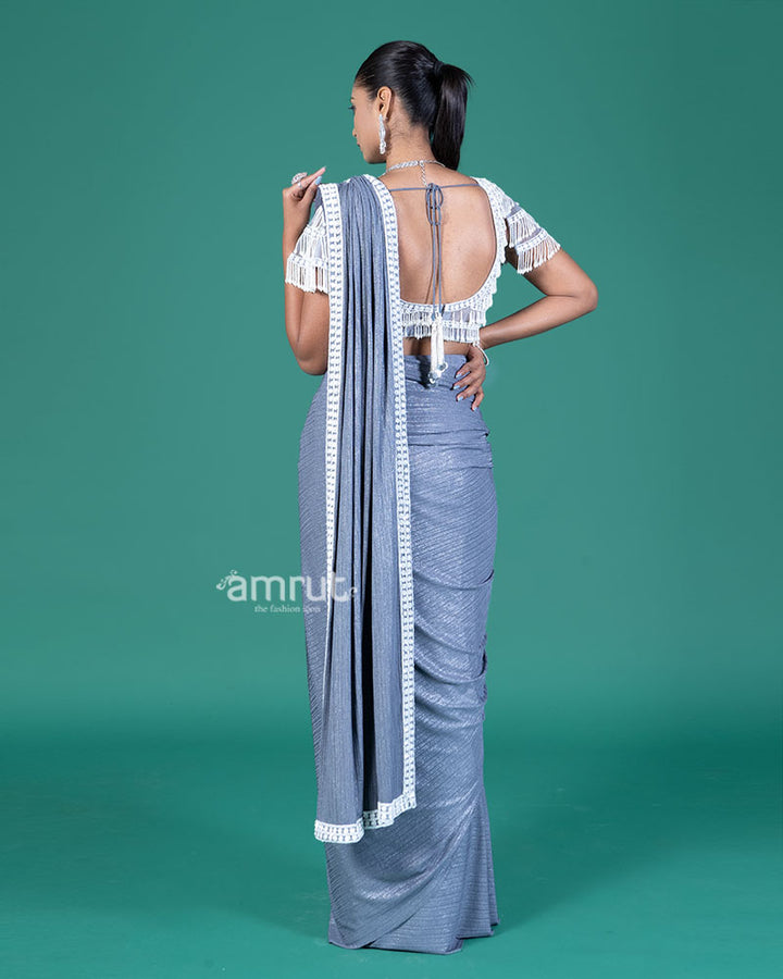 Gray Ready-to-Wear Saree with Beaded Embellished Blouse 05