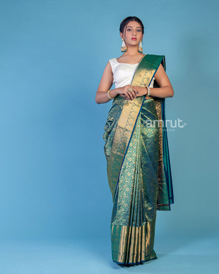 Green Banarasi Silk Saree With Unstitched Blouse