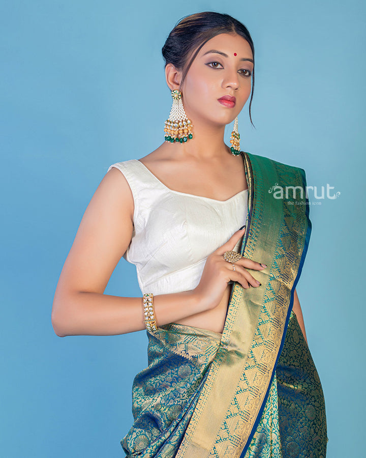 Green Banarasi Silk Saree With Unstitched Blouse