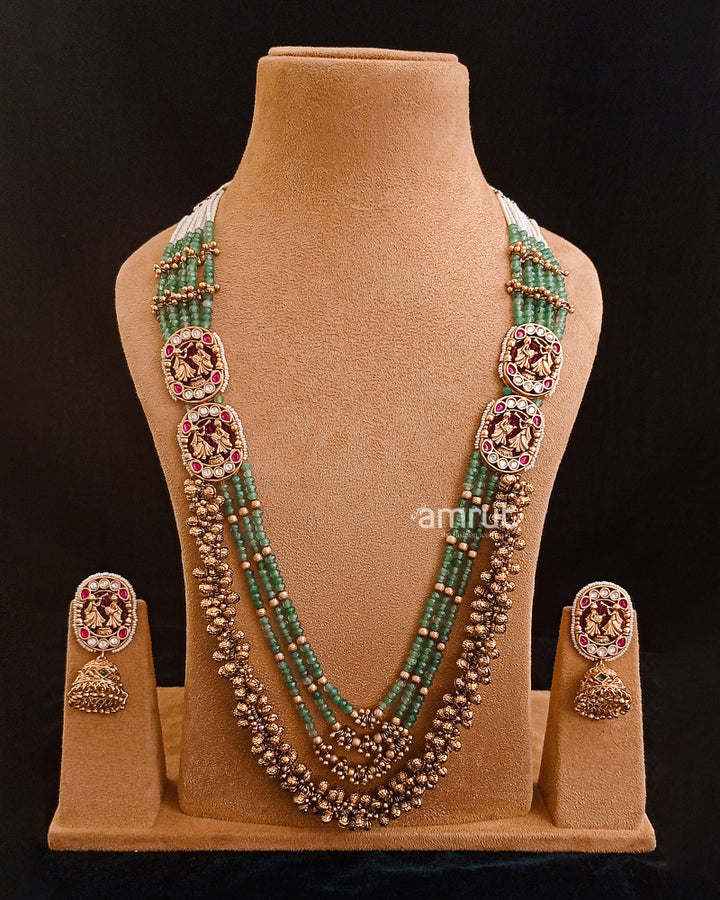 Green Emerald Golden Plated Layered Kundan Necklace Set