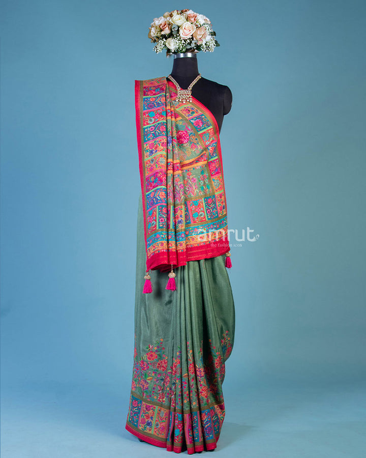 Green Floral Printed Silk Saree and Unstitch Blouse With Multi-color Pallu