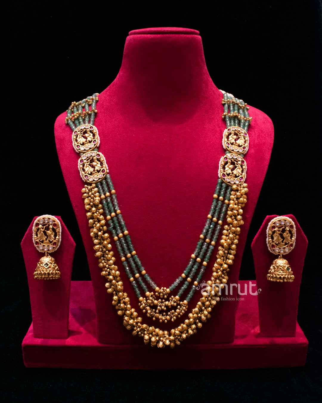 Green Gold Plated Multi Layered Pearl & Kundan Long Necklace