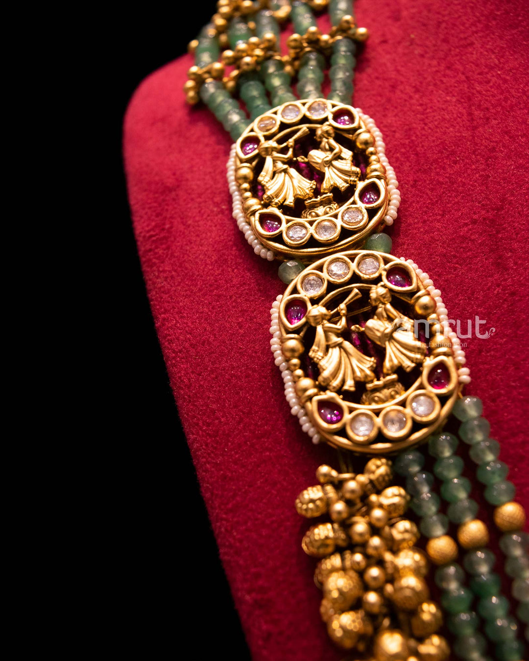 Green Gold Plated Multi Layered Pearl & Kundan Long Necklace