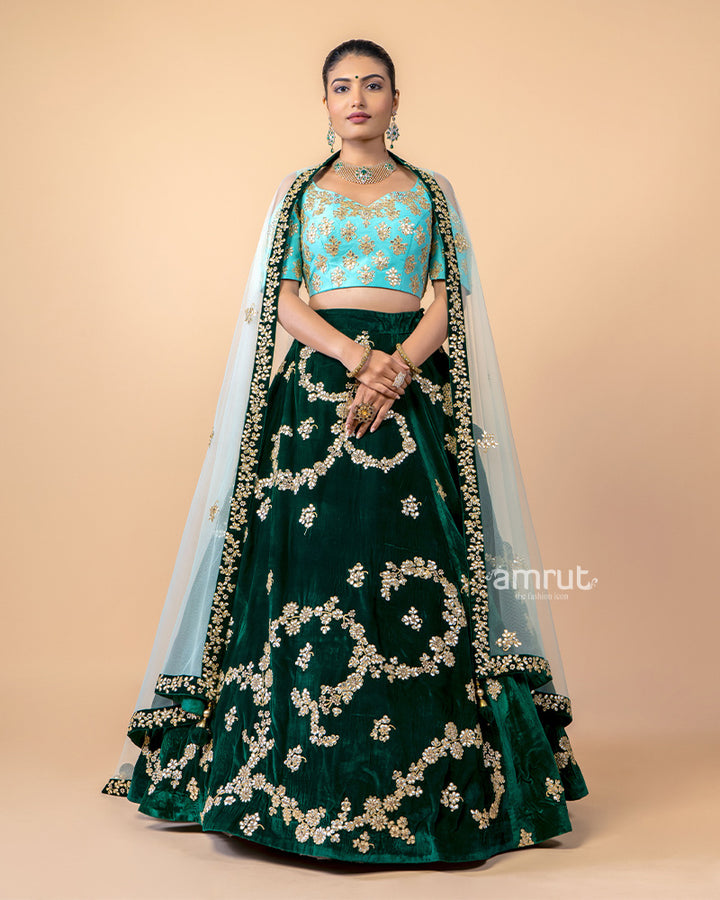 Green Gotta Patti Work Detail Velvet Lehenga Choli With Dupatta