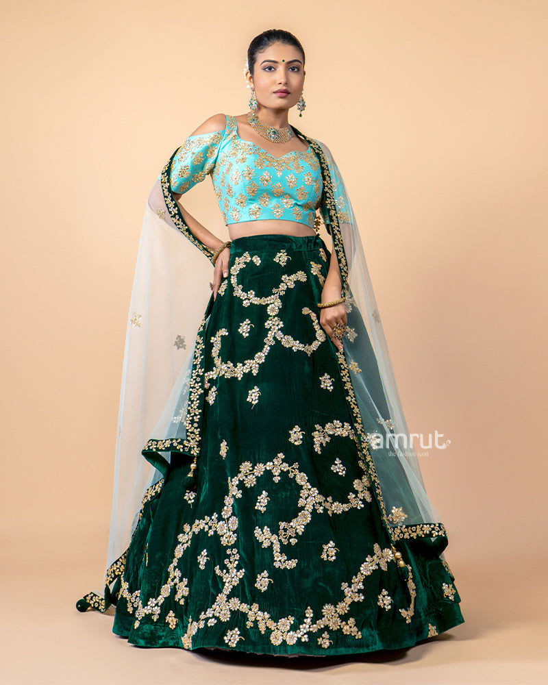 Green Gotta Patti Work Detail Velvet Lehenga Choli With Dupatta