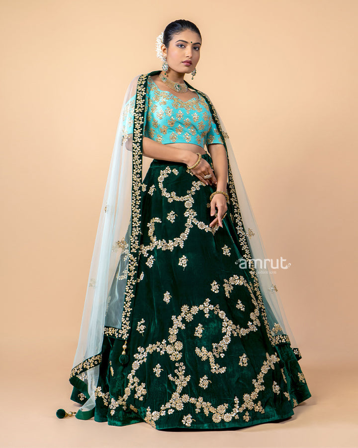 Green Gotta Patti Work Detail Velvet Lehenga Choli With Dupatta