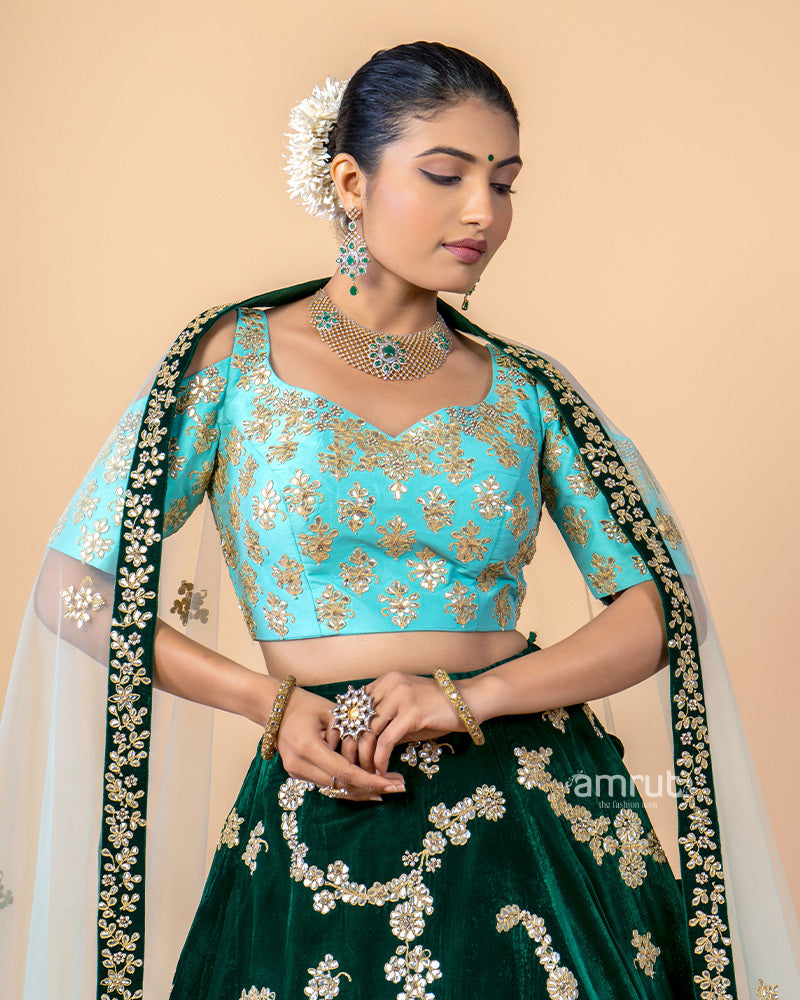 Green Gotta Patti Work Detail Velvet Lehenga Choli With Dupatta