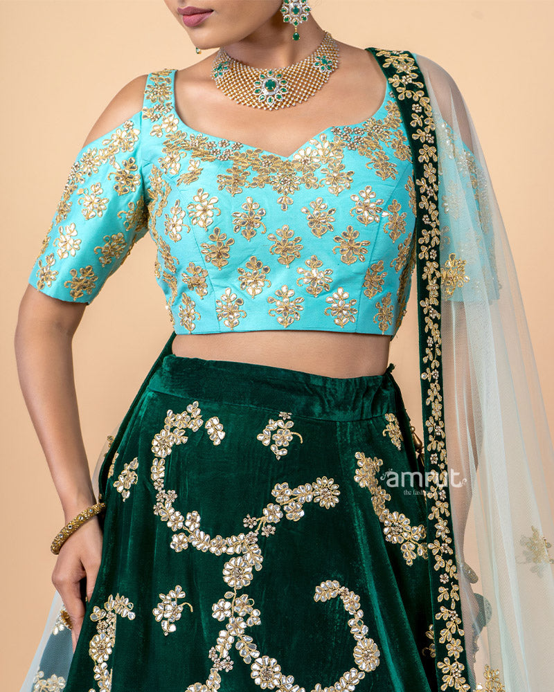 Green Gotta Patti Work Detail Velvet Lehenga Choli With Dupatta