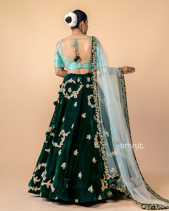 Green Gotta Patti Work Detail Velvet Lehenga Choli With Dupatta