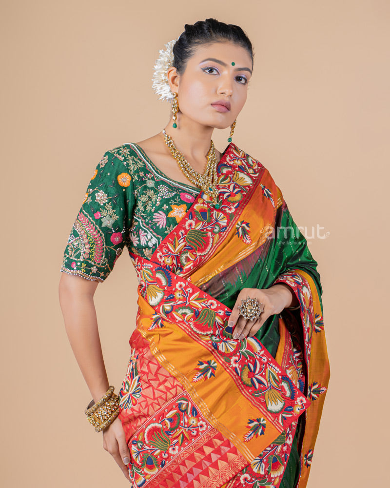 Green Hand Embroidered Silk Saree With Contrast Border