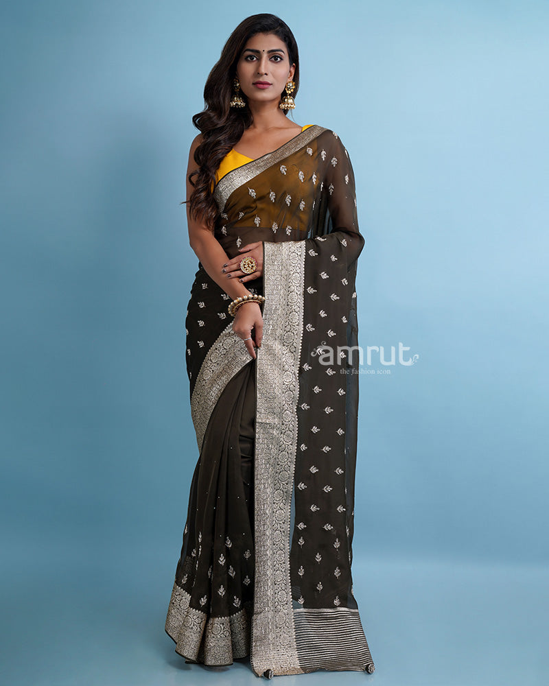 Green Party Wear Saree with Unstitched Blouse