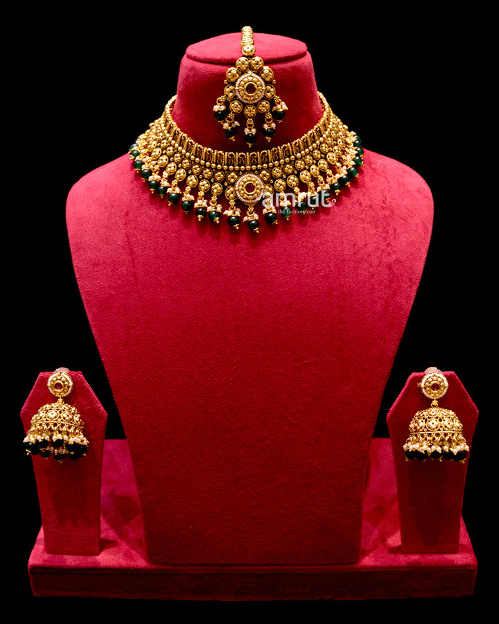 Green Pearls Gold Plated Necklace With Earrings and Maang Tikka