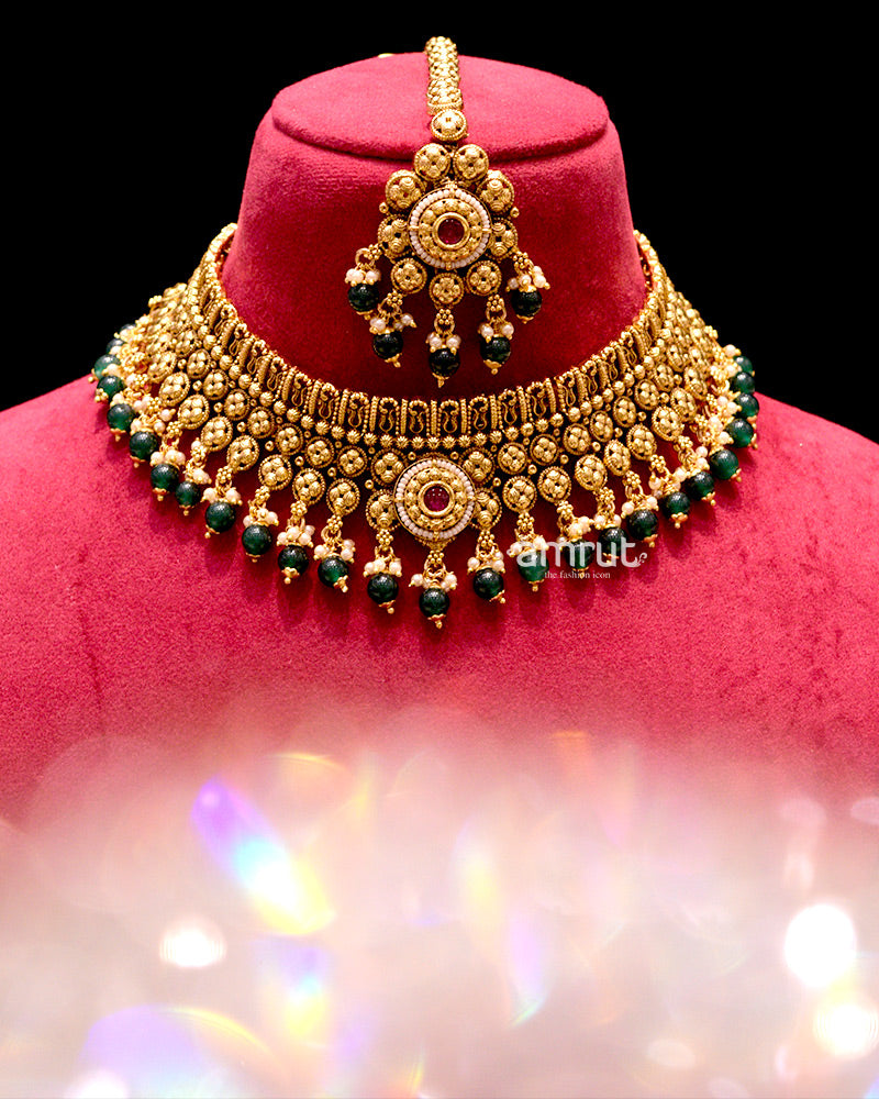 Green Pearls Gold Plated Necklace With Earrings and Maang Tikka