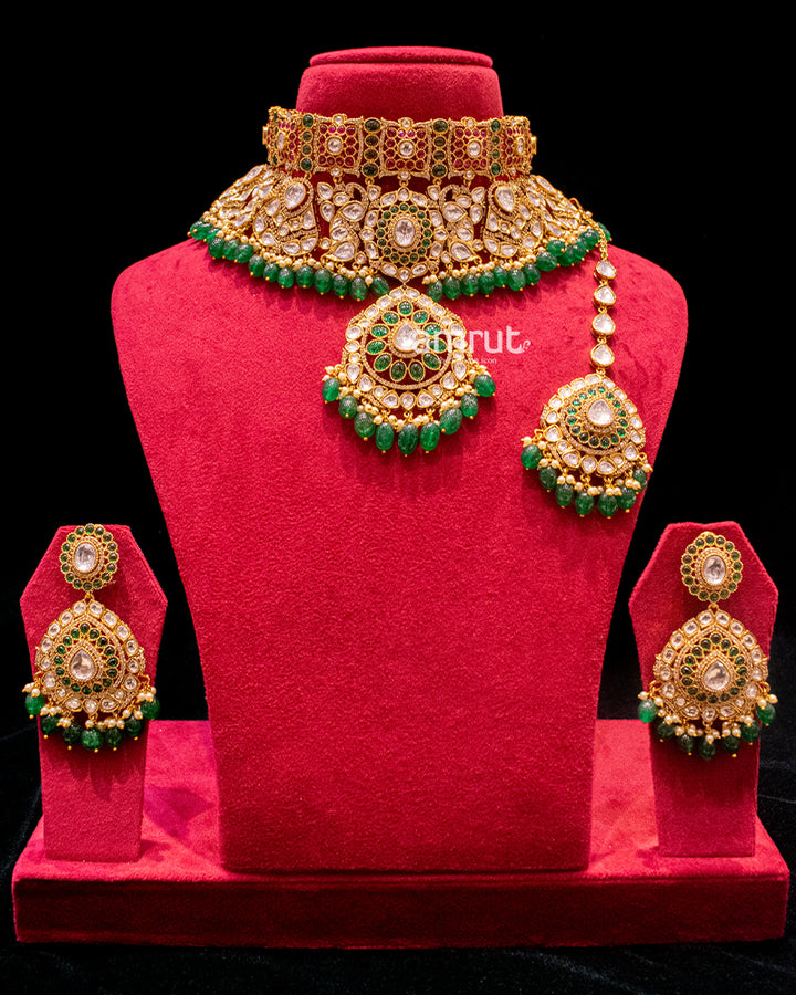 Green Pearls Kundan Necklace Set With Earrings and Maang Tikka