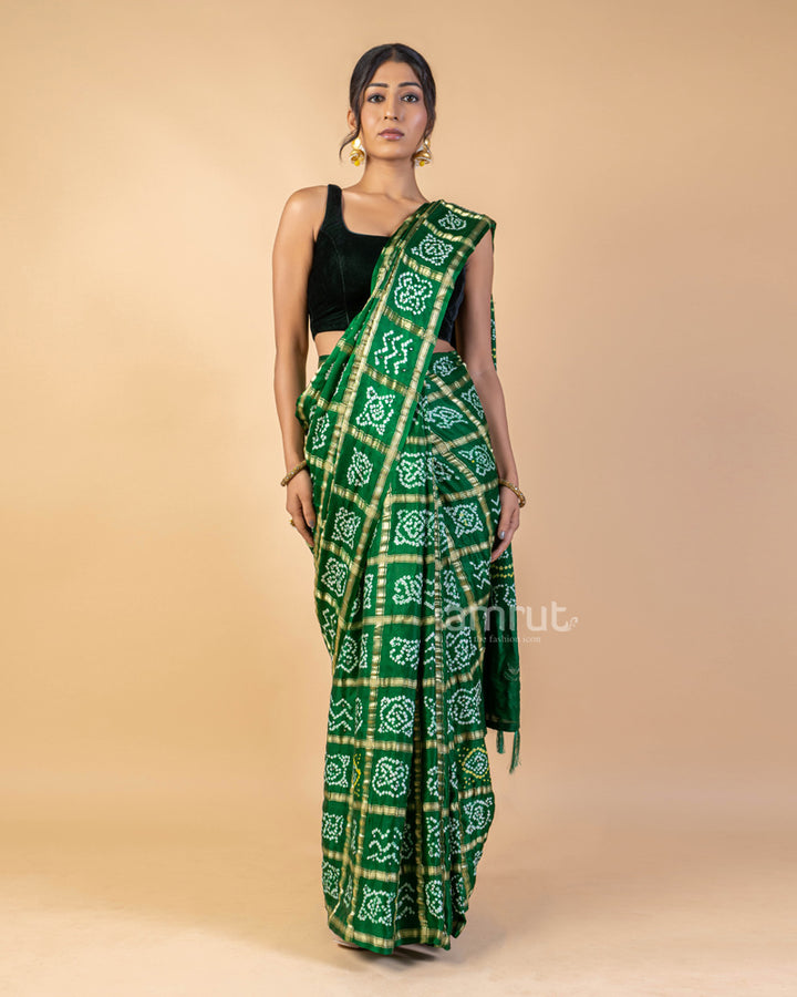 Green Pure Gaji Silk Bandhani Saree With Unstitched Blouse