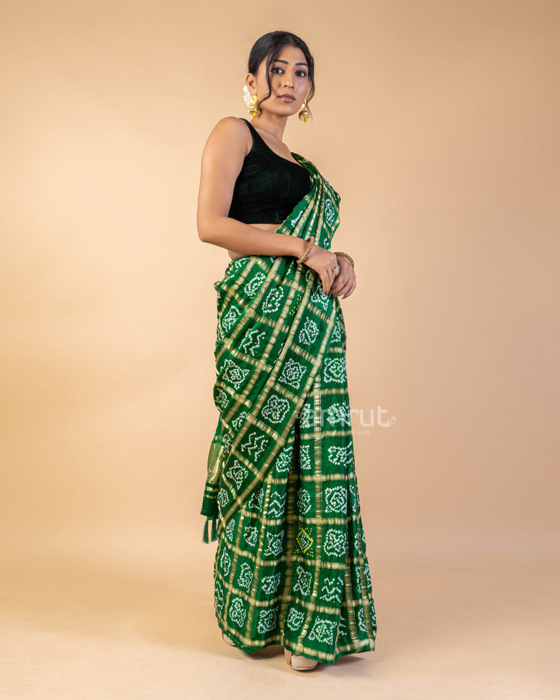 Green Pure Gaji Silk Bandhani Saree With Unstitched Blouse