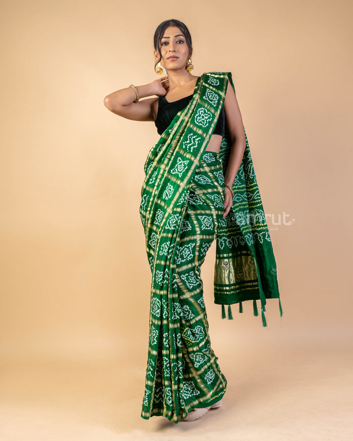 Green Pure Gaji Silk Bandhani Saree With Unstitched Blouse