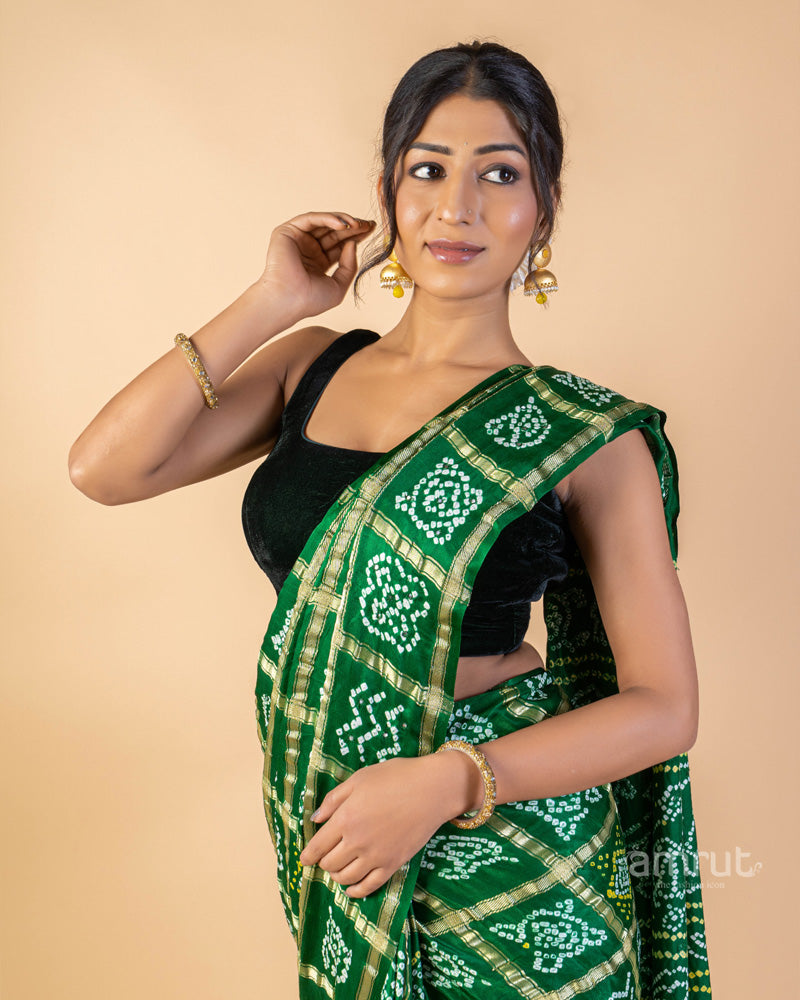 Green Pure Gaji Silk Bandhani Saree With Unstitched Blouse