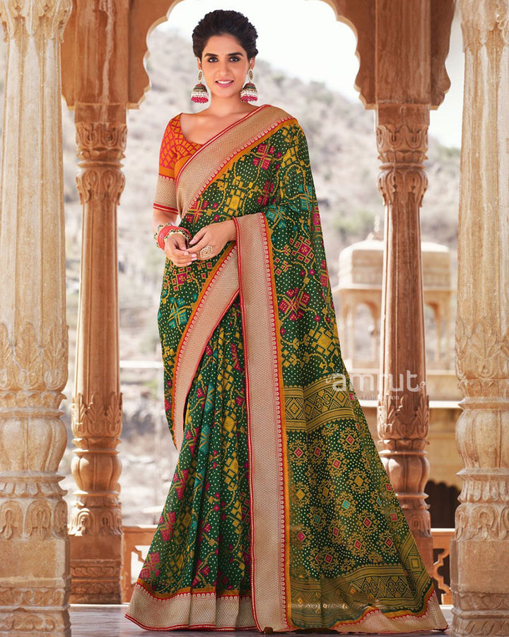 Green Pure Patola Cotton Silk Saree With Unstitched Blouse Piece