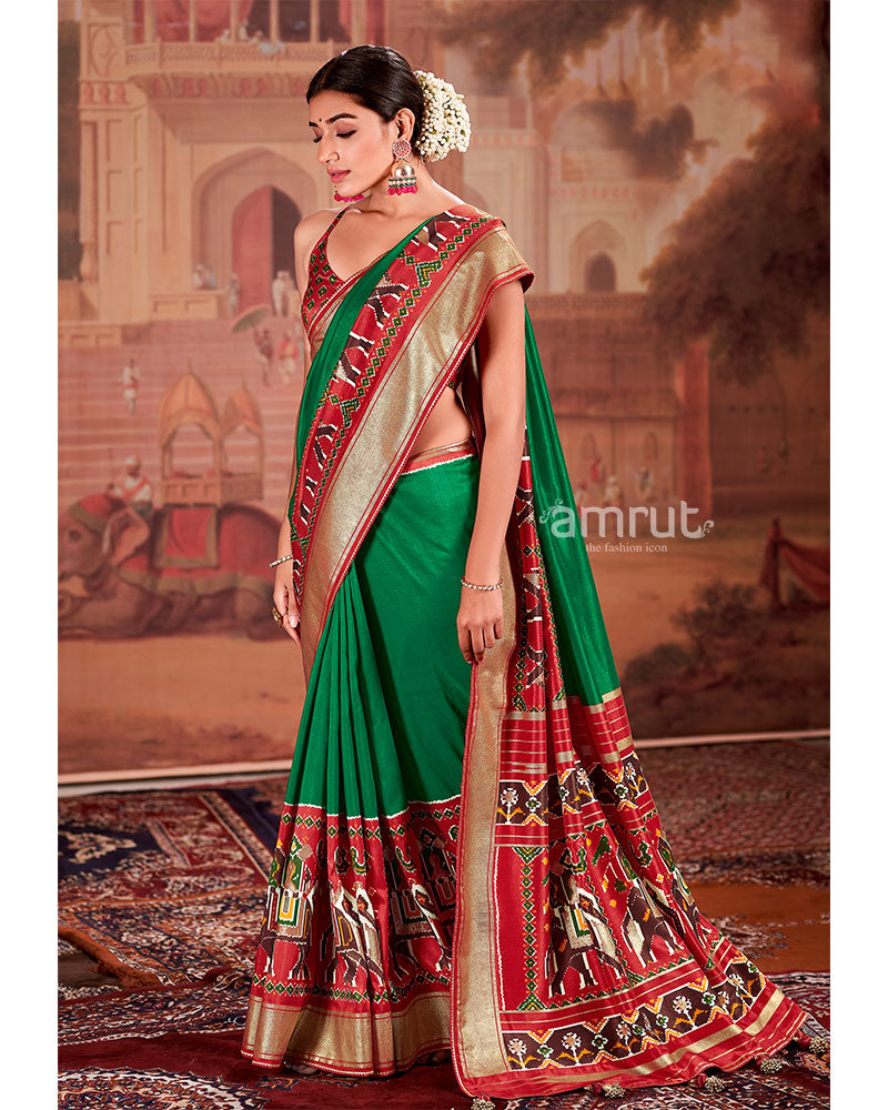 Green Saree With Printed Border Art in Cotton Silk