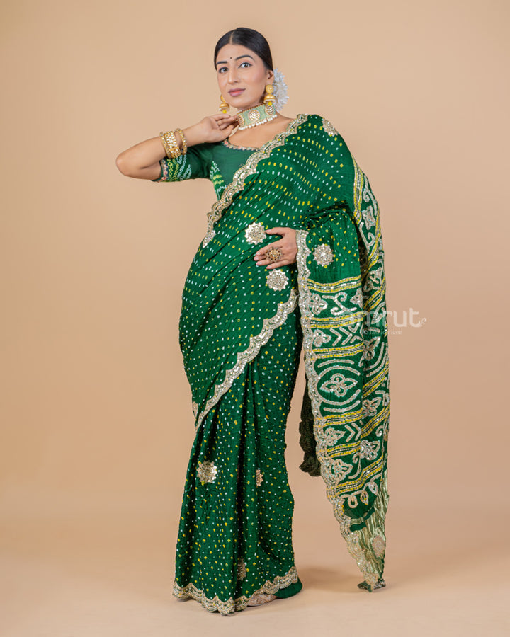 Green Sequins Embroidered Gajji Silk Saree With Stitched Blouse