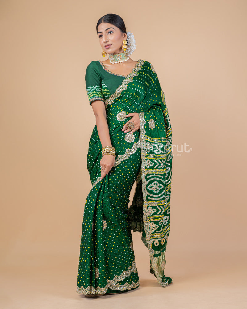 Green Sequins Embroidered Gajji Silk Saree With Stitched Blouse