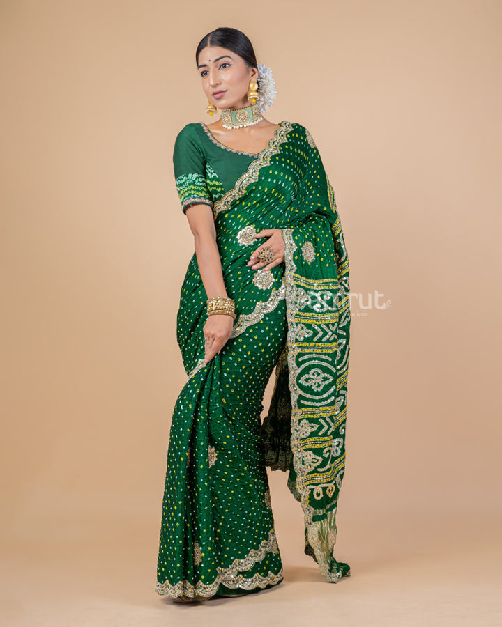 Green Sequins Embroidered Gajji Silk Saree With Stitched Blouse