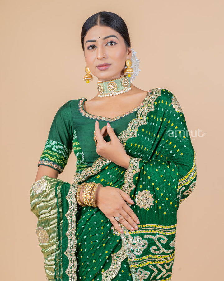 Green Sequins Embroidered Gajji Silk Saree With Stitched Blouse