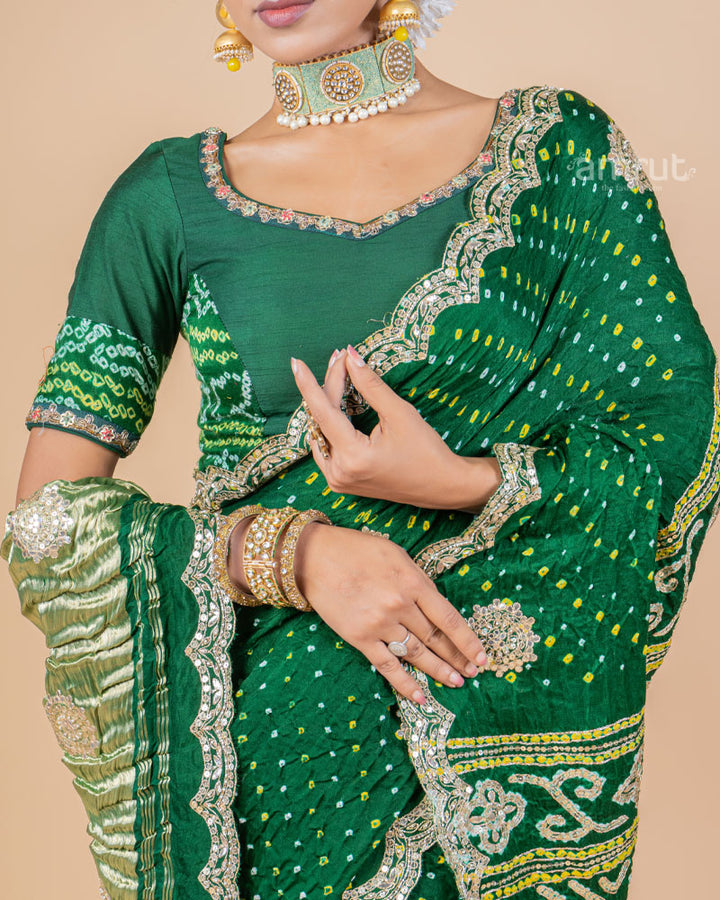 Green Sequins Embroidered Gajji Silk Saree With Stitched Blouse