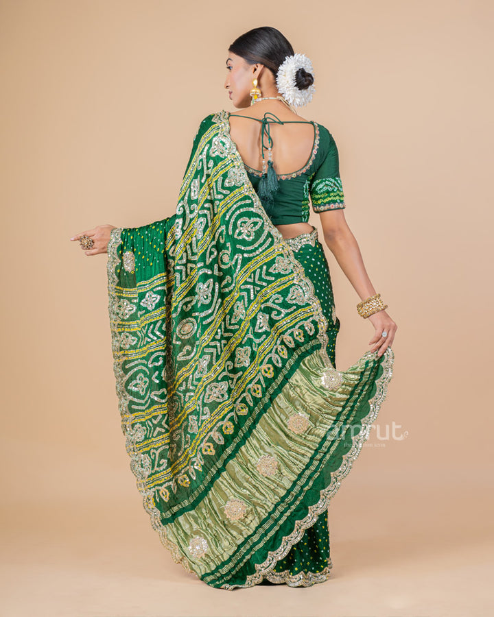 Green Sequins Embroidered Gajji Silk Saree With Stitched Blouse