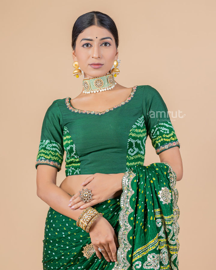 Green Sequins Embroidered Gajji Silk Saree With Stitched Blouse