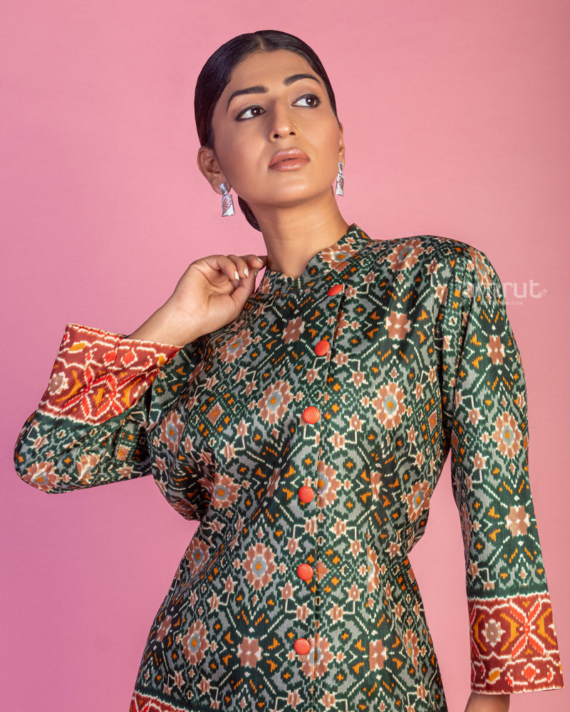 Green Silk Digital Print Collar Top and Pant Set