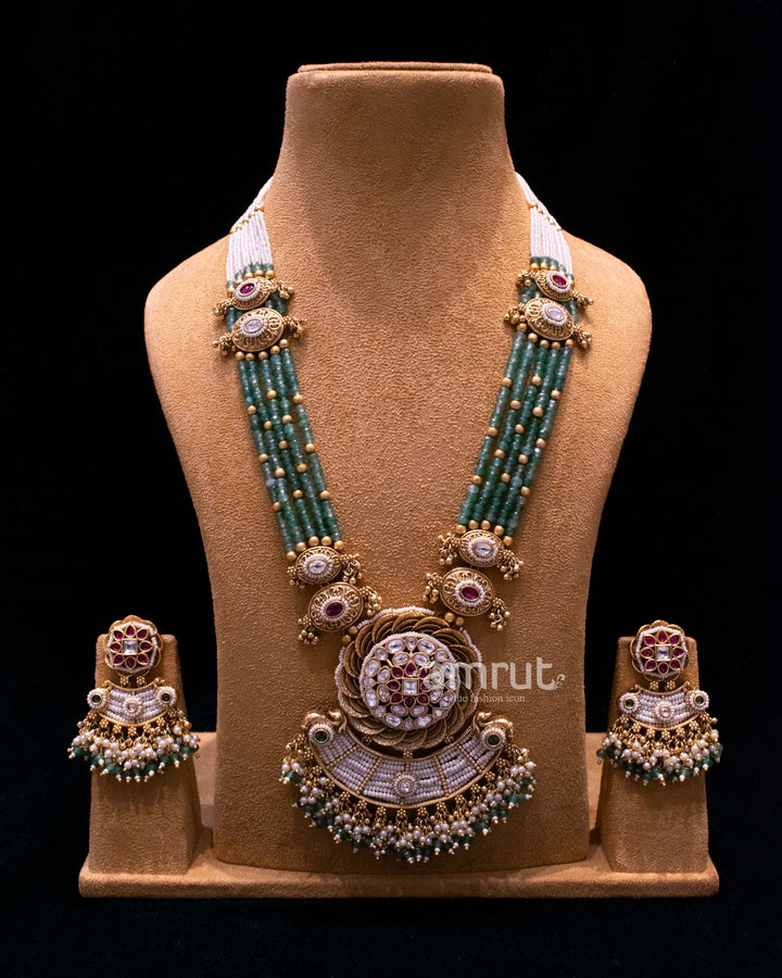 Green Stone and Pearl Beads Long  Kundan Necklace Set