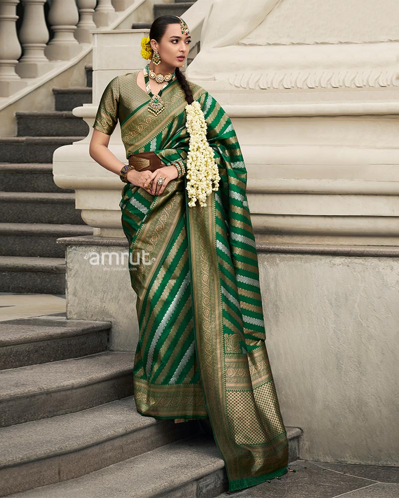 Green Banarasi Silk Saree with Gold Zari Weaving and Unstitched Blouse 01