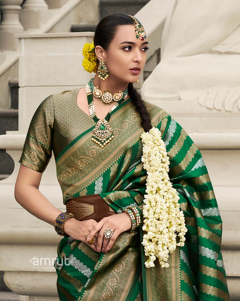 Green Banarasi Silk Saree with Gold Zari Weaving and Unstitched