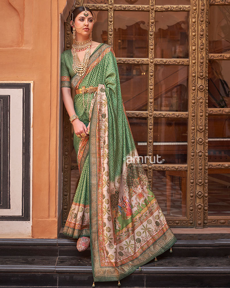Green Digital Print Embellished Saree with Unstitched Blouse and Belt 01