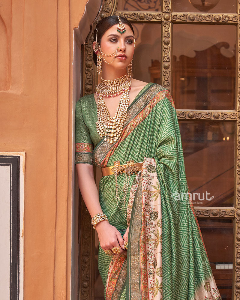 Green Digital Print Embellished Saree with Unstitched Blouse and Belt 02