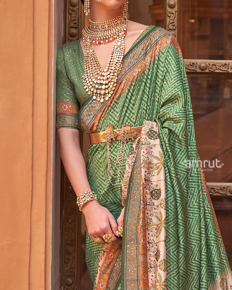 Green Digital Print Embellished Saree with Unstitched Blouse and Belt 03