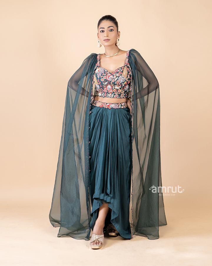 Green Draped Skirt with Embellished Crop Top and Attached Sleeves(01)