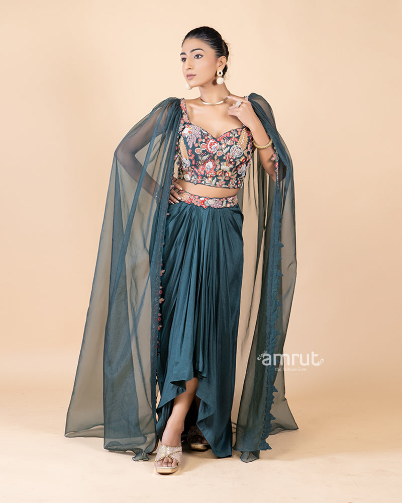 Green Draped Skirt with Embellished Crop Top and Attached Sleeves(03)