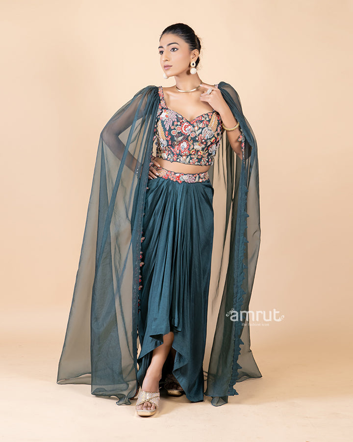 Green Draped Skirt with Embellished Crop Top and Attached Sleeves(03)